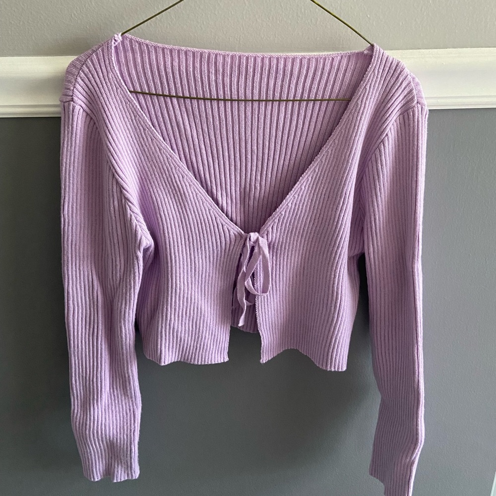 Lavender ribbed tie front sweater, size small, SHEIN US4